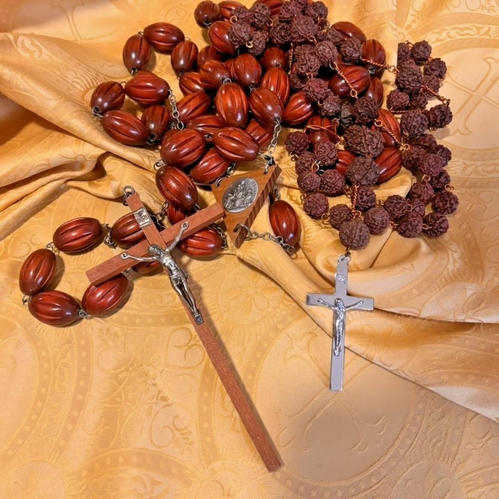 Vintage Wall Rosary Lot Olive Wood Virgin Pompei Italy 64 in Catholic Religious